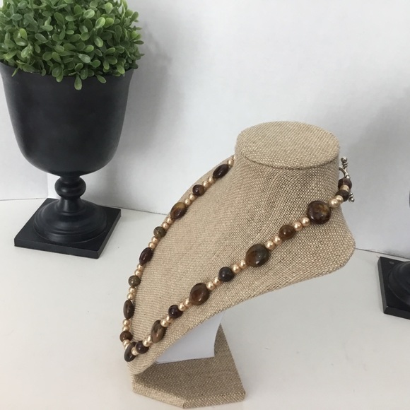Brown Gemstone & Faux Pearl Necklace - Picture 2 of 6